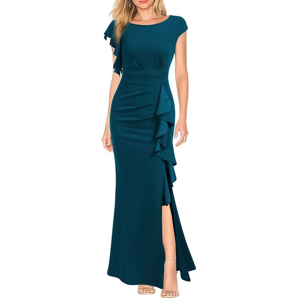 NWT Woosea Womens XL Dress Teal Evening Gown Maxi Long Ruffles Front High Slit